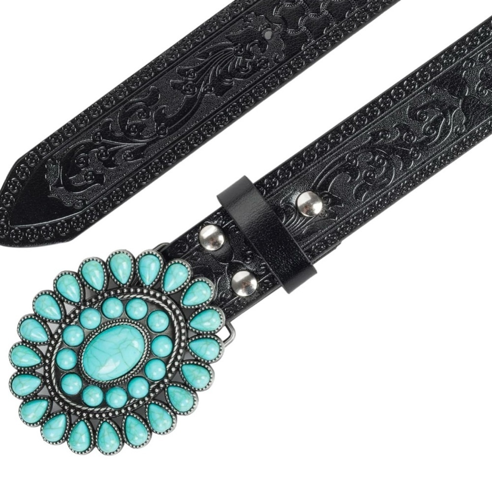 Black and Blue Belt with Turquoise Concho Buckle - Picture 4 of 6